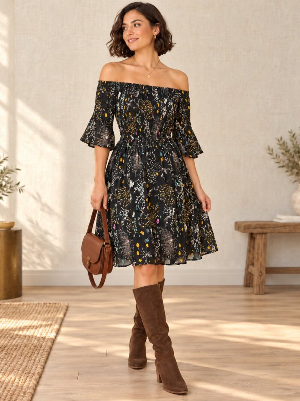 Yumi UK Black Floral Midi Dress with Yellow & Teal Accents Size 12 Fairy core